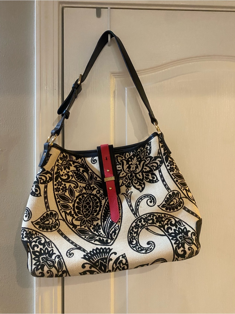 Spartina 449 Black & Cream Floral Shoulder Bag with Red Strap